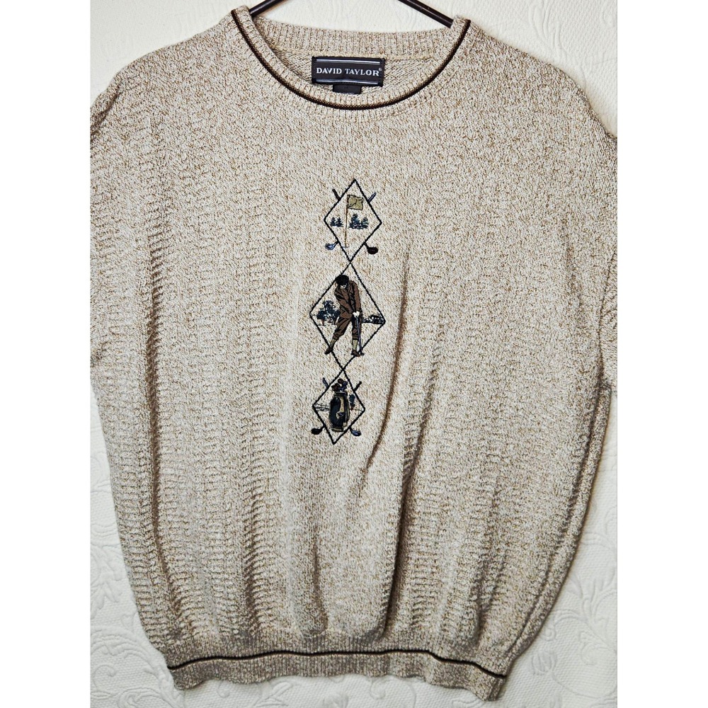 Vintage David Taylor Men's Beige Crew Neck Knit Pullover Golf Graphic Sweater L